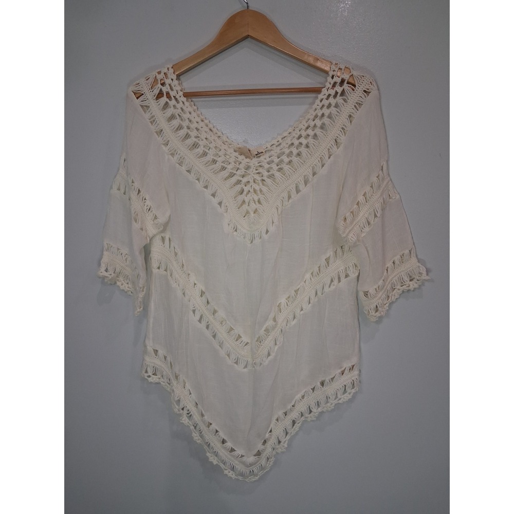Lagaci White Crochet Lace Handkerchief Hem Boho Blouse G-8317 Womens Large